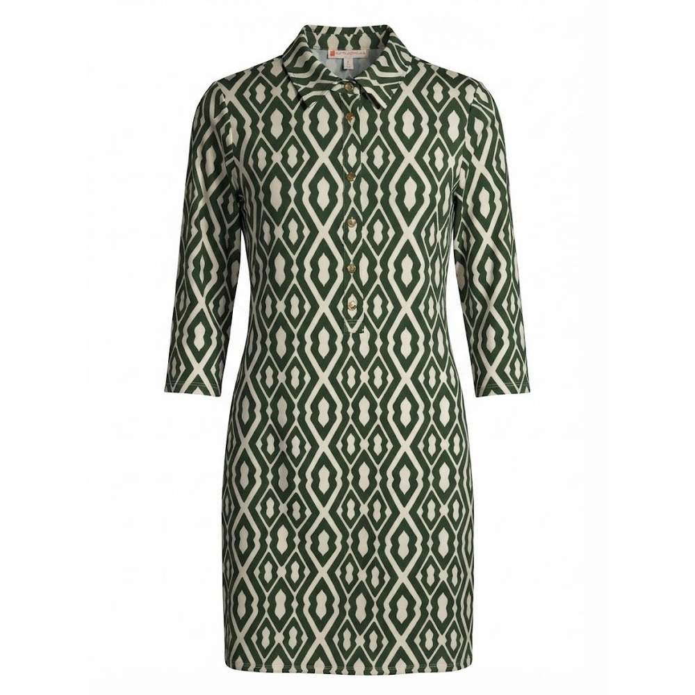 Jude Connally Green Geometric Diamond 3/4 Sleeve Collared Dress L USA - CJ